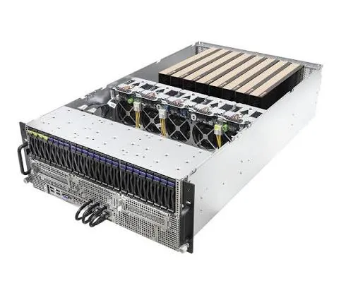 An 8-GPU Hopper-class server chassis with gold NVIDIA cards installed