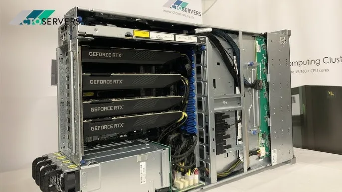 An open server chassis packed with four GeForce RTX cards